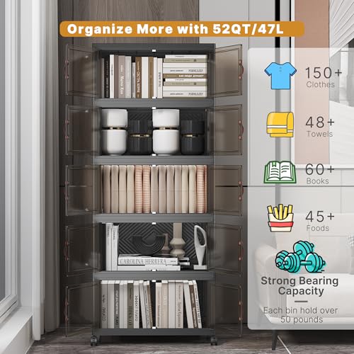 UAMFURI Extra Large Stackable Storage Bins with Lids & Wheels, Foldable Collapsible Closet Organizers Dark Storage Cabinet with Doors for Bedroom Dorm - color: Black, size: 5PACK-20"W12"D54"H