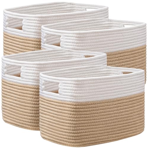 UBBCARE 4 Pack Storage Baskets for Organizing, Shelf Baskets with Handles, Woven Storage Baskets for Bookcase/Cube Shelf/Closet, 14.5"L x 9.8"W x 9"H, White&Brown - color: White&Brown, size: 4 Pack-14.5"(L)×9.8"(W)x9"(H)