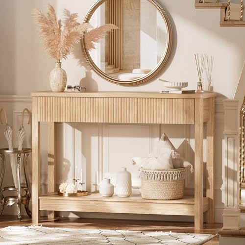 INNOD Entryway Table with Storage, 40" Fluted Console Table with Drawers, Narrow Console Table for Entryway, Sofa Table Behind Couch, Wood Hallway Table for Living Room, Foyer, Small Space (Light Oak)