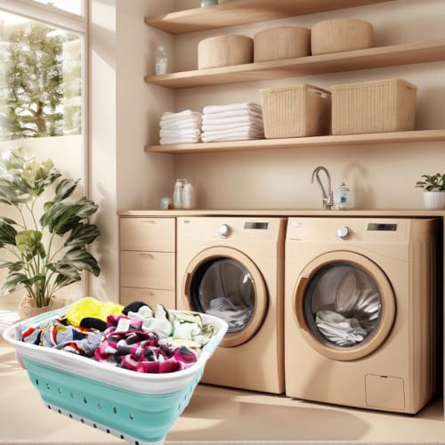 SAMMART 42L (11 gallon) Collapsible Plastic Laundry Basket - Foldable Pop Up Storage Container/Organizer - Space Saving Hamper/Basket (1, White/Lake Green) - color: White/Lake Green