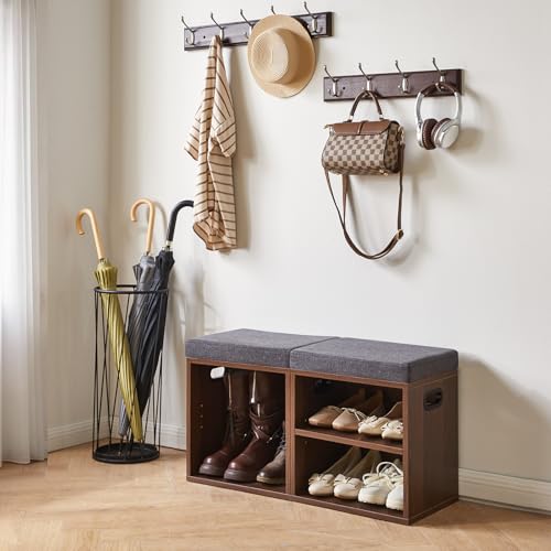 YMYNY Small Shoe Storage Bench with Cushion, 2 Tier Entryway Bench with Shoe Storage, Shoe Rack Bench for Entryway, Living Room, Hallway, Closet, Bedroom, 15.4L*11W*16.54H, Light Walnut HBD028LW - color: Light Walnut