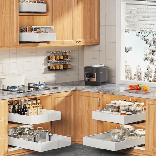 Seinloes 2 Pack Expandable Pull Out Cabinet Organizer 21" Deep with Raising Pad for Framed Cabinets,Upgrade 3 Slide Rails Slide Out Drawers,Roll Out Shelves Adhesive,Adjustable Width 9"-14.1" White - color: White, size: 21"D x 9"-14.1"W(2Pack)