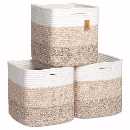 NaturalCozy Storage Cubes 11 Inch Cotton Rope Woven Baskets for Organizing, 3-Pack | Cube Storage Bin | Square Storage Baskets for Shelves Organizer, Classroom, Kids Toy Bins, Closet, Baby Nursery - color: 3-Tone Brown