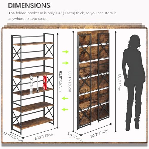 4NM Extra Wide 6 Tiers No Assembly Book Shelves, 61.8" H Folding Bookshelf Bookcase Open Industrial Foldable Shelves for Bedroom, Living Room, Home Office - Rustic Brown Black - color: Rustic Brown Black, size: Wide XX 6-Tier