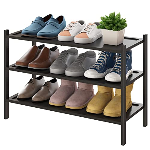 BMOSU 3-Tier Bamboo Shoe Rack Premium Stackable Shoe Shelf Storage Organizer for Hallway Closet Living Room Entryway Organizer(Black) - color: Black, size: 3-Tier（27*11*18.3inches）