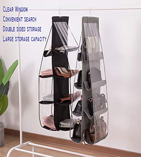 AARAINBOW 2 Packs Hanging Handbag Purse Organizer, Purse Bag Organizer Storage, 8 Pockets Hanging Bag Organizer for Closet Rack, Wardrobe Closet Space Saving Purses Holder, 41L*13.5W (B, 2 Black) - color: B 2 Black