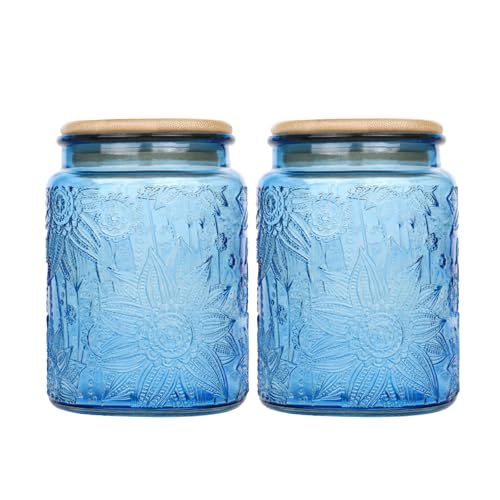 Custde Glass Storage Jars With Airtight Lid, 23.7oz Canister For Kitchen Counter with Bamboo Lid, brown sugar, candy, coffee, cookie, salt, tea,pantry cute Jar (Blue 2-Pack, 23.7 fl oz) - color: Blue 2-Pack, size: 23.7 fl oz