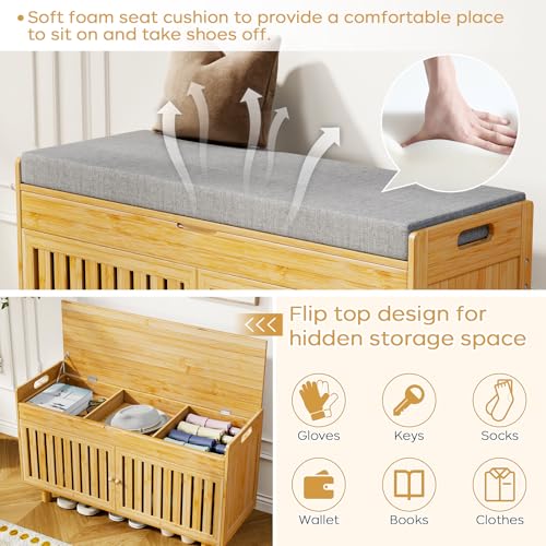 oakvivo Bamboo 35.4in Shoe Storage Bench with Lift Top Storage & Padded Seat Cushion, 2-Tier Shoe Rack Cabinet with 2 Doors for Entryway, Living Room, Bedroom, Mudroom, Natural - color: Natural