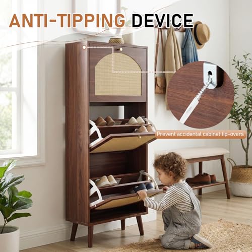 Karl home Shoe Rack Storage Organizer, Rattan-Panel 3-Tilt-Out Shoe Storage Cabinet, Hidden Shoe Storage for Entryway,Ideal for Heels,Slippers,Casual Shoes, Brown - color: Brown, size: 3-Tilt-Out