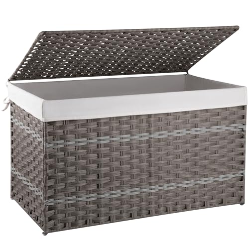 OIAHOMY Storage Basket with Lid, 42.3 Gallon (160L) Blanket Basket with Removable Liner Bag, Synthetic Wicker Hamper with Handle, Foldable, Hamper for Living Room, Grey - color: Grey, size: 160L