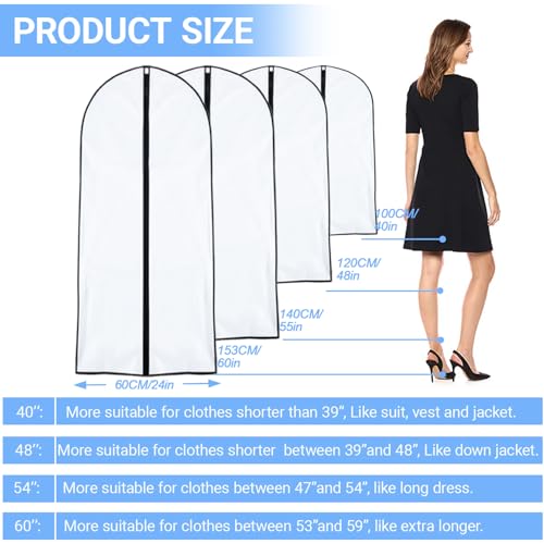 Garment Bag Covers (24''X55'' Set of 12) Lightweight White PEVA Breathable Bags with Study Full Zipper for Coat Protector Travel Laundry Wardrobe Closet - color: Black-Translucent, size: 24''X55''-12P
