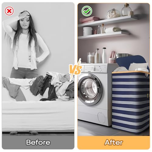 BALEINE Laundry Hamper with Lid, Tall Laundry Baskets with Bamboo Pull Handles, Large Laundry Bin with Internal Support (26 Gal/100L, Blue Pinstripe) - color: Blue Pinstripe, size: 100 liters