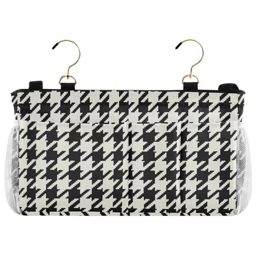 Classic Houndstooth Print Bedside Caddy Storage Bag Bedside Organizer for Bunk Bed Headboards College Organizer Caddy Hanging Shelf 6 Pockets with Hooks for Drinks Magazine Phone Holder - color: Classic Houndstooth