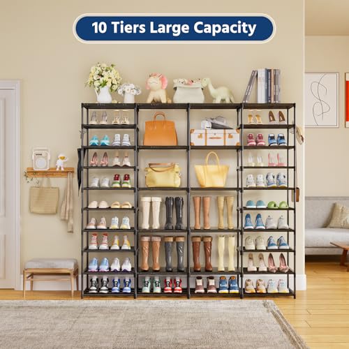 Ekisemio Large Shoe Rack Organizer for Entryway Closet 72-80 Pairs 10-Tier Heavy Duty Tall Garage Shoe Rack Shoe Shelf Shoes Storage with Removable Side Hooks for Bedroom and Garage, Black - size: 4 Row 10 Tiers