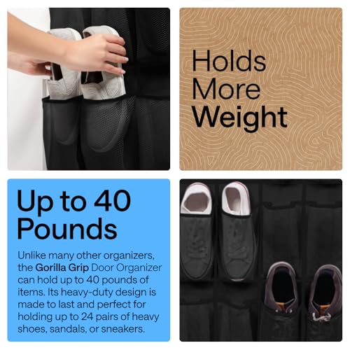 GORILLA GRIP Over the Door Shoe Organizer, 24 Extra Large Breathable Mesh Pockets, Space Saving Hanging Storage Holder, 4 Hook Closet Rack Hanger, Hangs on Closets for Shoes and Accessories, Black - color: Black, size: 24 Extra Large Pockets/4 Hooks