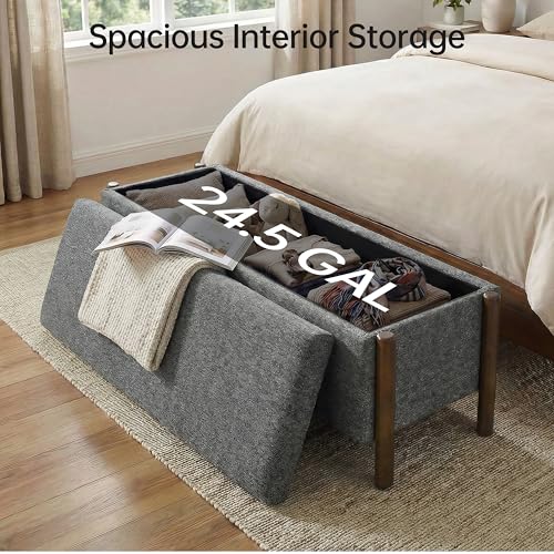 Usaint Wooden Storage Ottoman Bench, 47" Fabric Upholstered End of Storage Bench with Rubberwood Legs, Entryway Bench with Storage for Bedroom, Living Room, Reception, Cloakroom, Charcoal - color: Charcoal