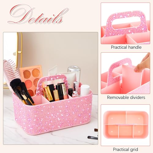 Marspark Bling Makeup Caddy Organizer with Handle, Sparkly Art Craft Holder, Glitter Bathroom Hair Caddy, Shimmer Pen Pencil Holder for Women Desk Organizer, Bling Gifts for Women(Pink,AB Diamond) - color: Pink, style: AB Diamond