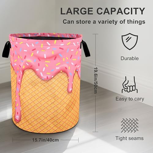 Pink Ice Cream Laundry Basket Foldable Oxford Cloth Tote Bag Laundry Hamper Clothes Storage Bucket Organizer For Bathroom/Laundry Storage/Bedroom 19.6x15.7 Inch - color: Pink Ice Cream