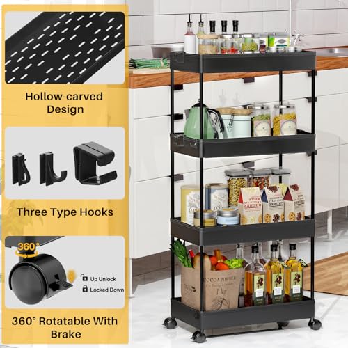 SPACEKEEPER Storage Cart 4-Tier, Bathroom Rolling Cart Utility Storage Organizer Shelf Mobile Shelving Unit for Kitchen Living Room Bathroom Laundry Room & Dressers, Black - color: Black, size: 4 Tier