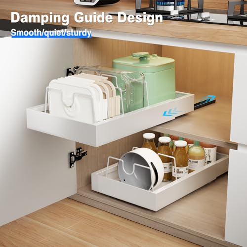 Mustorn 2 Pack Pull Out Cabinet Organizer with 8 Dividers,21.8" Deep Slide Out Drawers for Cabinets Adhesive Pull Out Drawers Heavy Duty Pull Out Shelves for Kitchen, Cupboard, Pantry, Bathroom-White - color: White, size: 21.8"D*12"W*2.95"H