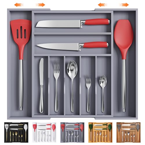 Kitchen Silverware Drawer Organizer and Storage Cabinet Utensil Rack Bathroom Counter Vanity Extra Large Big Cooking Drawer Organizers Countertop Pantry Storage Cabinet Best Kitchen Must Haves 2025 - color: Gray, size: 9 Slots Expandable