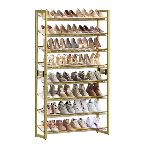 SONGMICS Shoe Rack, 8-Tier Shoe Organizer, Metal Rack for Garage, Set of 2, 4-Tier Stackable Shelf, with Adjustable Flat or Angled Shelves, 32-40 Pairs, Pale Gold ULMR08A02 - color: Pale Gold, size: 8 Tiers (36.4"W)