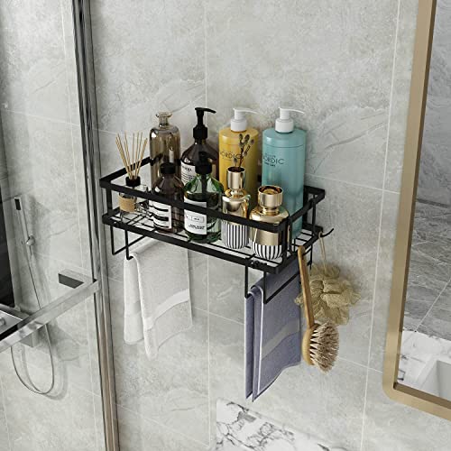 Godboat Bathroom Organizer - Over Toilet Storage, Floating Shelves with 2 Hooks, Wall Mounted Shelf Rack, Behind and Above the Tank, Gifts for Women (Black, 1-Tier) - color: Black, size: 1-Tier