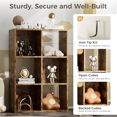 COMHOMA 6 Wood Cube Storage Organizer with Open Back and Removable Back Panels, 11In Brown Cube Storage Bookshelf, Cubicle Shelf Bookcase for Home Office Bedroom Living Room, Vertical or Horizontal - color: 6 Cube-retro Brown