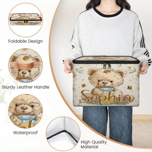 Custom Storage Basket with Name, Personalized Storage Bins with Zipper Lid, Foldable Fabric Storage Box Large capacity with Handle Flower Bee Bear - color: Option 20