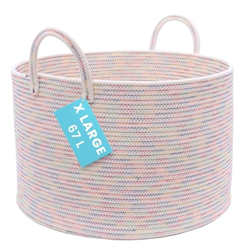 OrganiHaus Large Woven Storage Basket for Blankets and Toys 20" x 13" Inch, Rope Laundry Basket with Handles, Cushions & Pillows Storage Bin, Nursery Hamper, Soft Round Dog Toy Bin - Rainbow Stitches - color: Stitches Rainbow, size: Wide