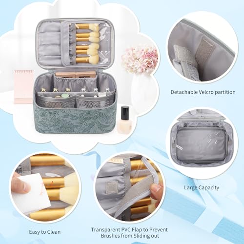 OCHEAL Makeup Bag Set, Portable Travel Makeup Bags Cosmetic Organizer Bag for Women Cute Floral Cosmetic Pouch Large Capacity Make up Bag PU Leather Toiletry Bags with Divider and Handle-Blue - color: 0020_Blue Lily Set of 2, size: Medium