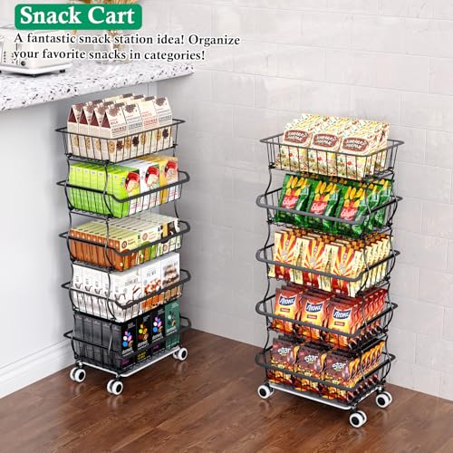 OKZEST 5 Tier Fruit Basket for Kitchen, Stackable Bins Wire Rack with Wheels, Fruit and Vegetable Storage Basket Pantry Food Snack Organizer Shelf, Kitchen Storage Cart for Onion and Potato, Produce - color: Black, size: 5-Tier Baskets