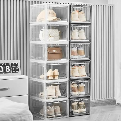 Attelite Upgrade 12pack Shoe Box Storage Containers,Thicken Sturdy Clear Stackable Plastic Shoe Organizer Box with Magnetic Door, X-Large Drop Front Shoe Box - color: Clear White, size: XL-12-pcs
