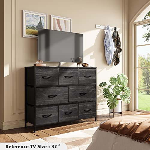 WLIVE 8 Drawer Dresser for Bedroom, Fabric Black Dresser with Large Storage Drawer Unit for Entryway, Chest of Drawers for Living Room - color: Charcoal Black Wood Grain Print, style: Large 8 Drawers