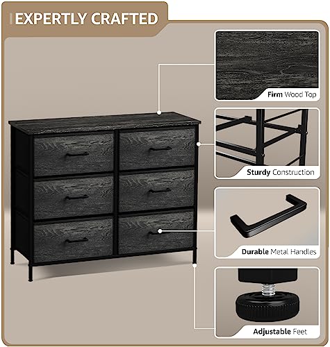 Sorbus Dresser with 6 Faux Wood Drawers - Chest Organizer Unit with Steel Frame Wood Top & Handle Easy Pull Fabric Bins for Clothes - Storage Furniture for Bedroom, Hallway, Living Room & Closet - color: Gray Wood, style: 6 Drawer