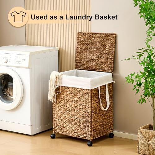 Rolling Laundry Hamper with Lid, Natural Water Hyacinth Basket with Removable Liner, Wheel or Non-Slip Installation Laundry Basket for Home Use (Espresso, 100L) - color: Espresso, size: 100L