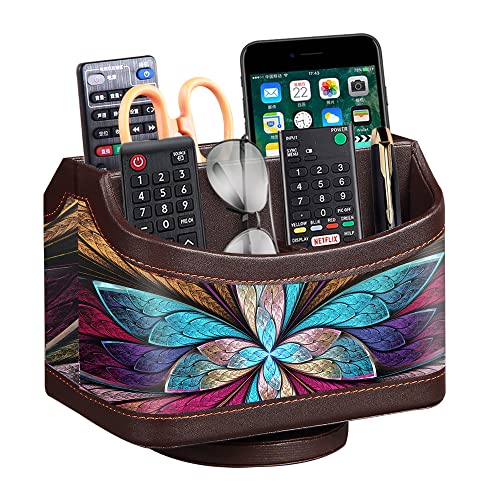 PUSU 360°Rotatable Remote Control Holder, PU Leather TV Remote Holder Caddy for Table, Bright and Colorful Art Supply Organizer Pen Holder, Multi-Functional Desk Organizer Living Room Office Decor - color: 7-color flower