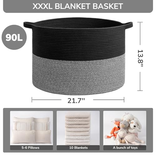 INDRESSME XXXLarge Cotton Rope Basket Woven Baby Laundry Baskets Blanket Baskets Toy Basket with Handle Comforter Cushions Storage Bin Thread Laundry Hamper - 21.7" x 21.7" x 13.8" - color: Black & Grey, size: 21.7"D x 13.8"H