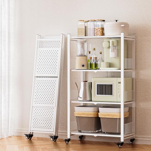 4-Tier Metal Foldable Shelf Shelving Rack Organizer on Rolling Wheels in Kitchen, Pantry, Warehouse, Patio, Basement, Dorm, Garage, RV - color: White/4-tier