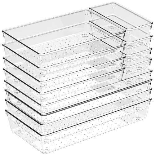 12 Pack Large Drawer Organizer Bins - Clear Plastic Bathroom Drawer Organizer Trays - Heavy Duty Kitchen Drawer Dividers for Utensils - Non-Slip Storage Bins for Makeup, Bedroom, Office Desk - size: 12 Pack