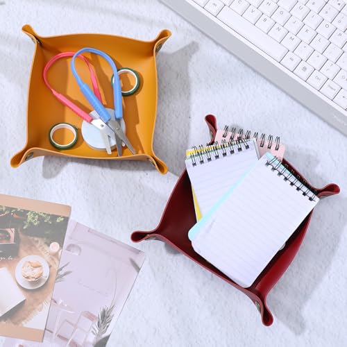 12 Pcs PU Leather Valet Tray, Foldable Catchall Organizer with Snap Buttons, Double Sided Key Tray for Entryway, Desk, Travel, Phone, Keys, Jewelry - 12 Colors - size: Medium