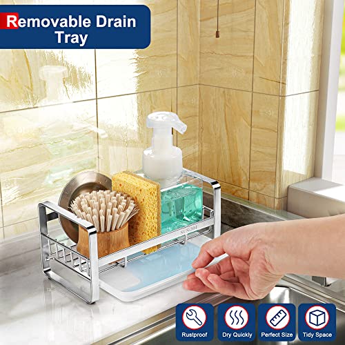 HULISEN Kitchen Sink Sponge Holder, 304 Stainless Steel Kitchen Soap Dispenser Caddy Organizer, Countertop Soap Dish Rack Drainer with Removable Drain Tray, not Including Dispenser and Brush - color: Silver, size: Medium