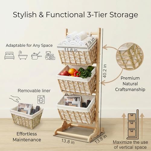 Three-Tier Floor-Standing Storage Rack, Hand-Woven Storage Basket, Vertical Storage Rack, Retail Display Rack Diaper Storage Suitable for Bathroom, Kitchen, Laundry Room, Living Room