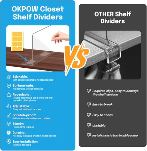 OKPOW Shelf Dividers Closet Organizer - 7.5" Tall X 11.8" Deep Acrylic Clear Sturdy Separate for Clothes Purse - Adjustable Space Saver Easy Install for Home Organization Enthusiasts 4 Pack - color: 4 Pack, size: Standard Tall 7.5'' x Deep 11.8"