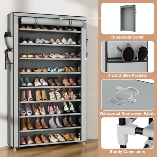 VILICK Shoe Rack with Cover Narrow Shoe Organizer with Pockets 10 Tier Tall Shoe Storage Holds 36-41 Pairs Shoes and Boots Shoe Rack for Closet Entryway Garage, Grey - color: Grey, size: 10 Tiers-34.6" Wide