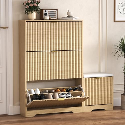 HUANLEGO Shoe Cabinet Storage for Entryway with 4 Flip Drawers, Oak Fluted Shoe Cabinet with Bench, Wooden Hidden Shoe Rack Freestanding Narrow Slim Shoes Storage Organizer for Hallway, Entrance - color: Oak, size: 4 Drawer with Bench
