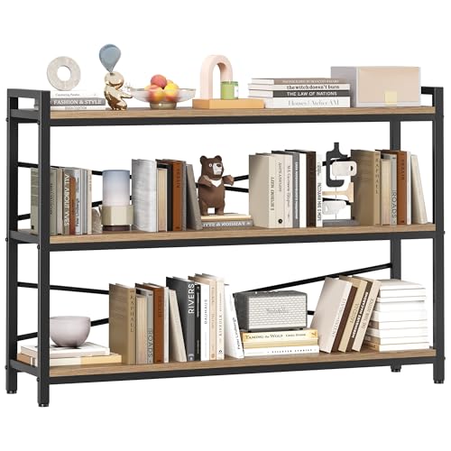 3 Tier Bookcase 47.24" Width, Long Industrial Book Shelf, Vintage Wooden Large Book Shelf for Home Living Room Bedroom Office Storage(Light Coffee) - color: Light Coffe, size: 3 Tier - 47.2" W