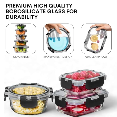Razab 30 PC Glass Food Storage Containers with Lids - Reusable Glass Meal Prep Containers for Lunch and Leftovers - Airtight & Leakproof Snap Locking Lids - Oven, Freezer, Microwave, Dishwasher Safe - color: Black