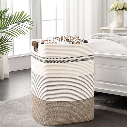 Laundry Hamper, 85L Tall Laundry Basket with Leather Handles, Rectangle Large Clothes Hamper for Organizing, Cotton Woven Laundry Baskets Storage Hampers for Bedroom, Nursery, Living Room - color: Rice Brown & White, size: 85L