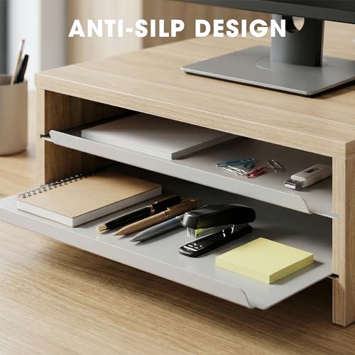 Fenge Monitor Stand, 3-Tier Monitor Riser with Slide-Out Tray, Wooden and Metal Desktop Organizer for Home Office, Computer, Laptop, Printer, Telephone - color: Oak